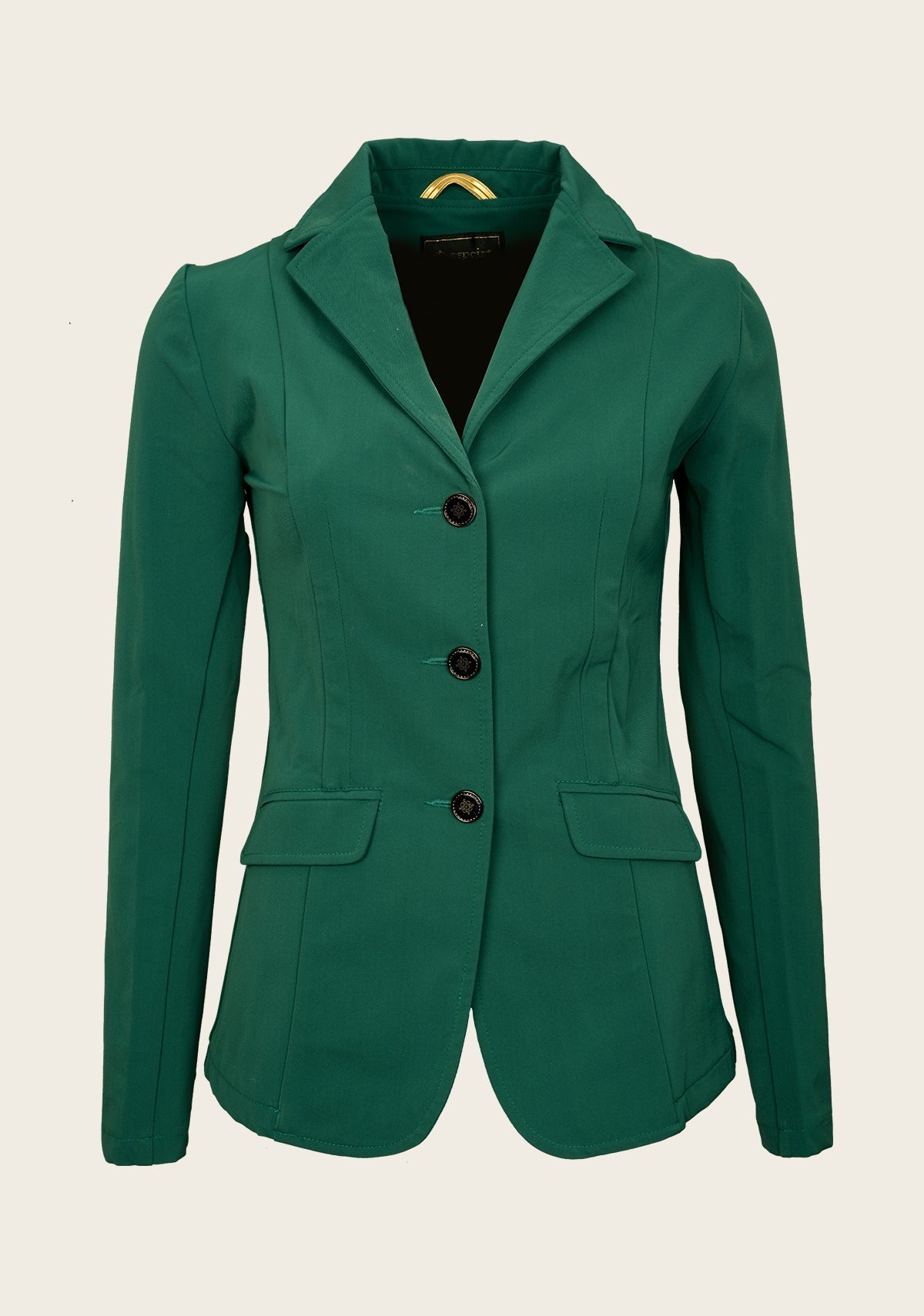 Front view of Espoir show jacket featuring gold buttons, princess seams, and fitted silhouette in stretch fabric.