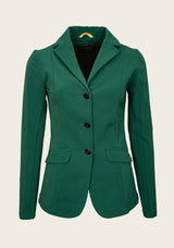 Front view of Espoir show jacket featuring gold buttons, princess seams, and fitted silhouette in stretch fabric.