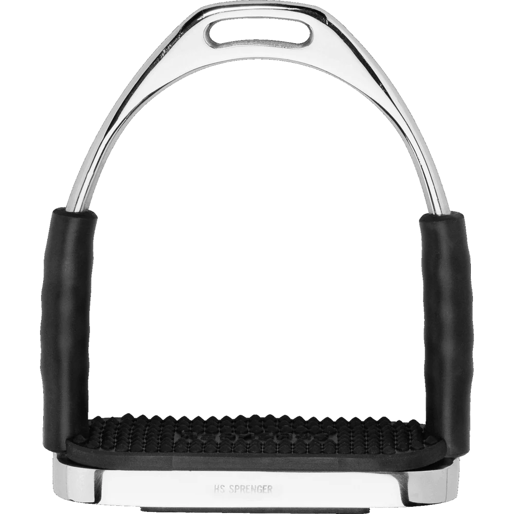 Herm Sprenger System-4 stirrup, stainless steel with black pad, shown in front-facing profil