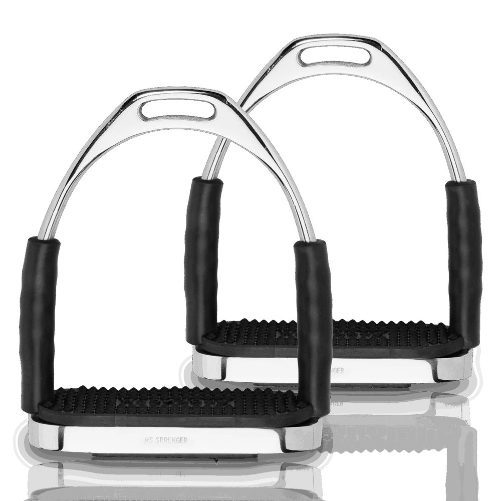 Pair of Herm Sprenger System-4 stirrups, stainless steel with black pads, side-by-side view