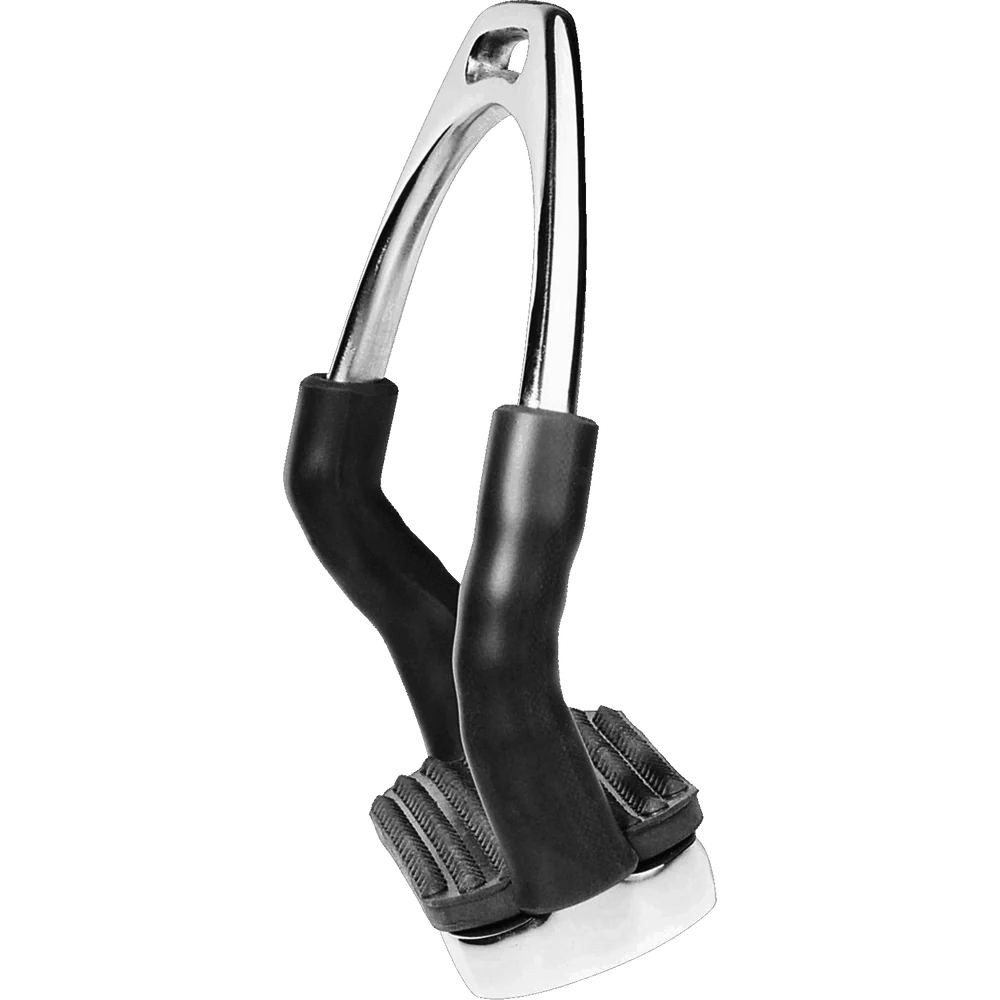 Herm Sprenger System-4 stirrup, stainless steel with black pad, shown in twisted position to highlight flexibilit