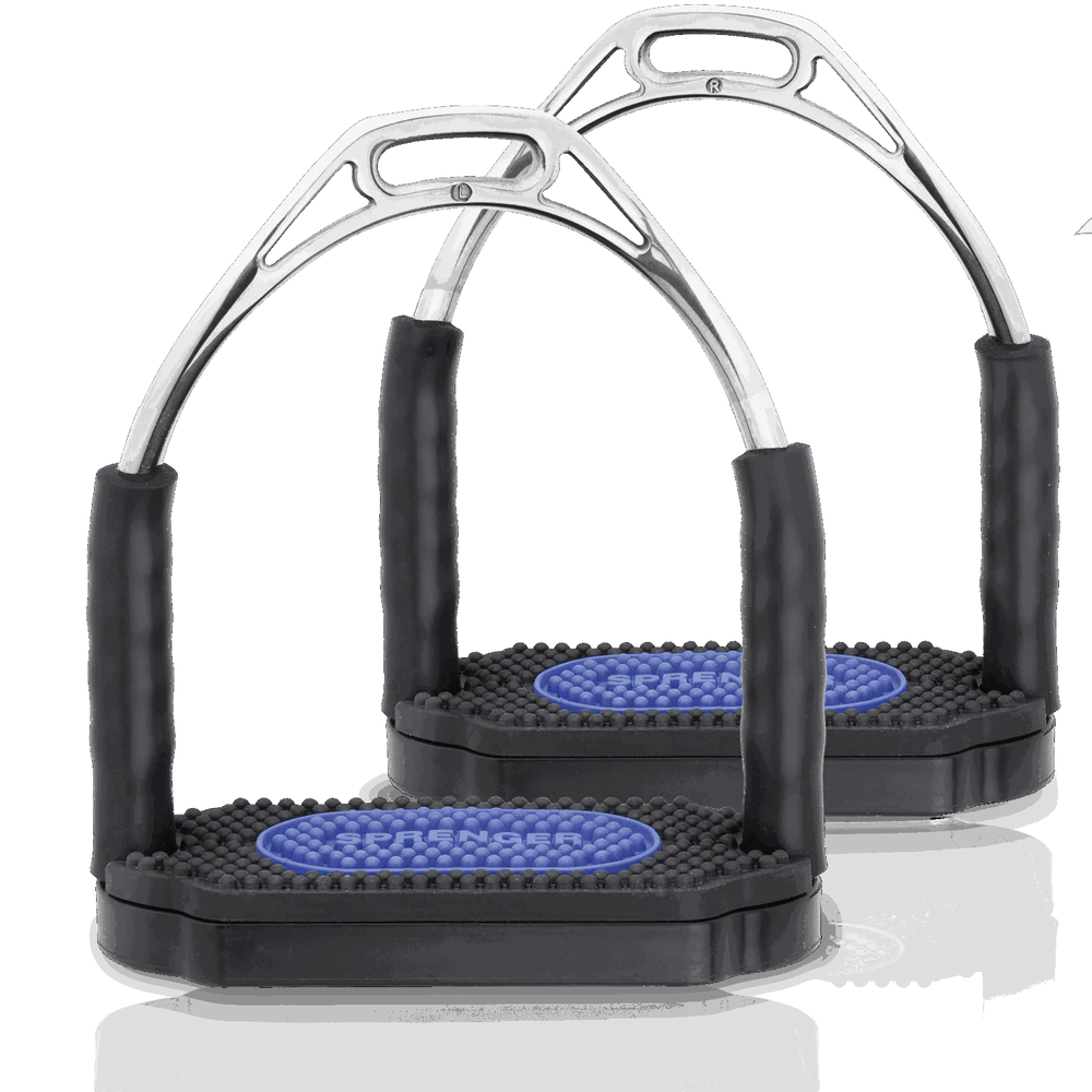 HS Bow Balance Stirrups, Stainless Steel — With Black/Blue Pad, 5 1/8