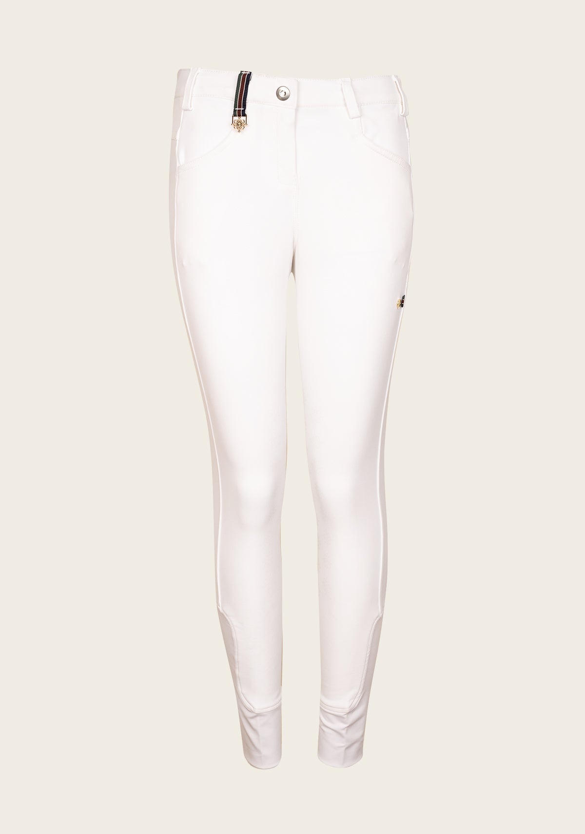 Front view of Espoir Bamboo Breech in tan, featuring mid-to-low rise fit, moisture-wicking bamboo fabric, and soft sock bottom for seamless comfort under riding boots