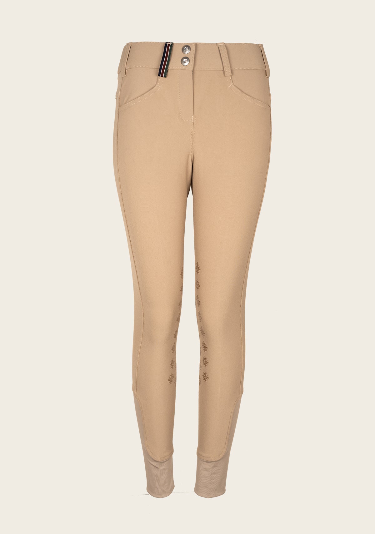 Front view of Espoir Coquette breech in classic tan, featuring high-to-mid rise fit, slimming stitch lines, and sock bottom – designed for hunter, equitation, and jumper riders.