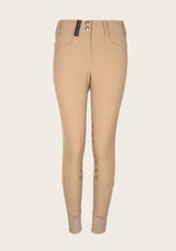 Front view of Espoir Coquette breech in classic tan, featuring high-to-mid rise fit, slimming stitch lines, and sock bottom – designed for hunter, equitation, and jumper riders.