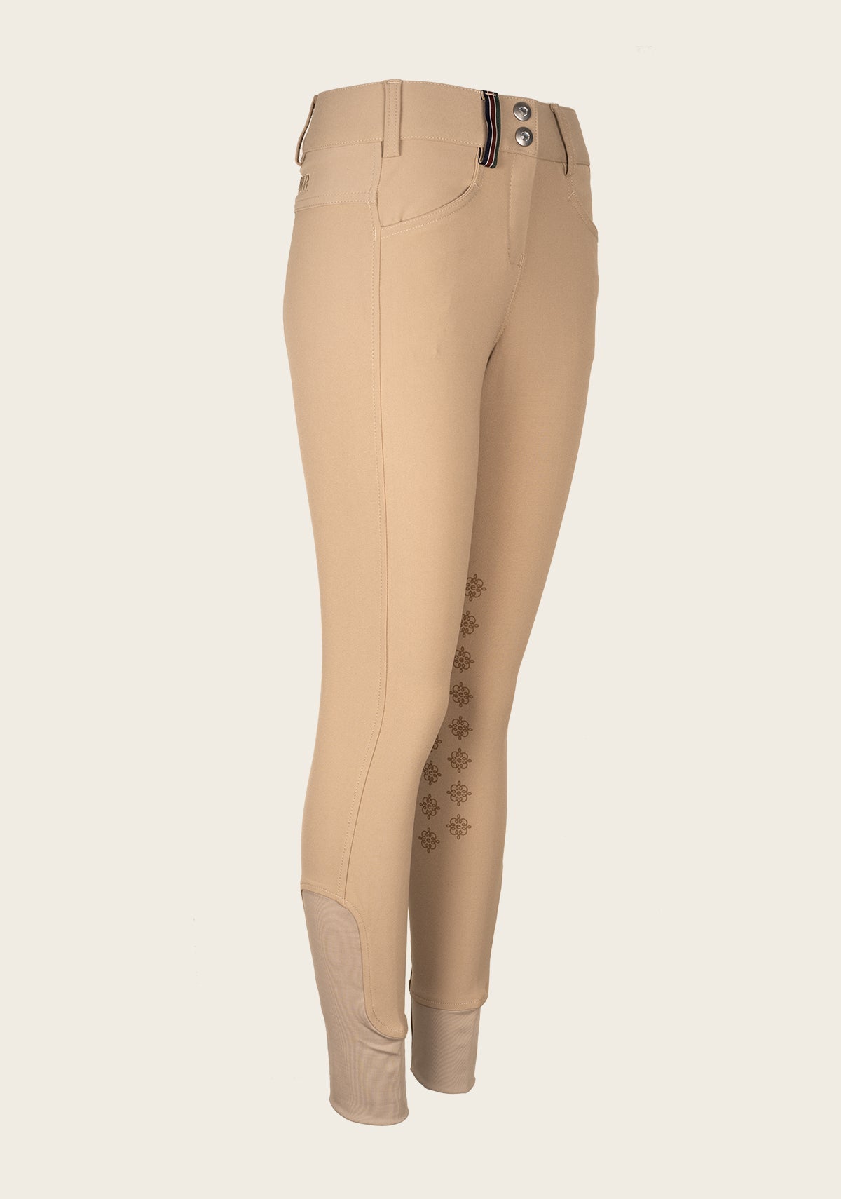 Side profile of Espoir Coquette breech showing contoured fit, technical stretch fabric, and subtle Espoir branding – ideal for traditional show ring performance.