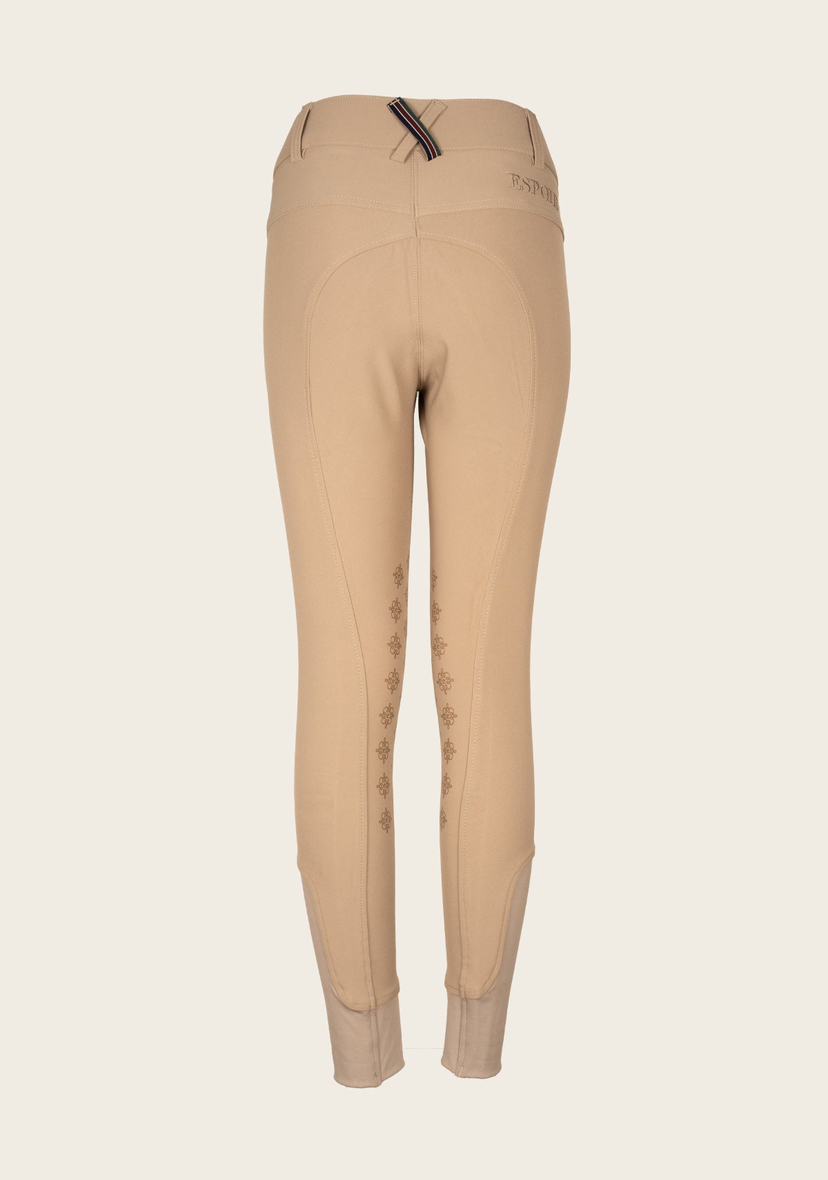 Back view of Espoir Coquette breech highlighting tone-on-tone Espoir logo at belt area, signature crossed back belt loop, and seamless design for rider comfort.