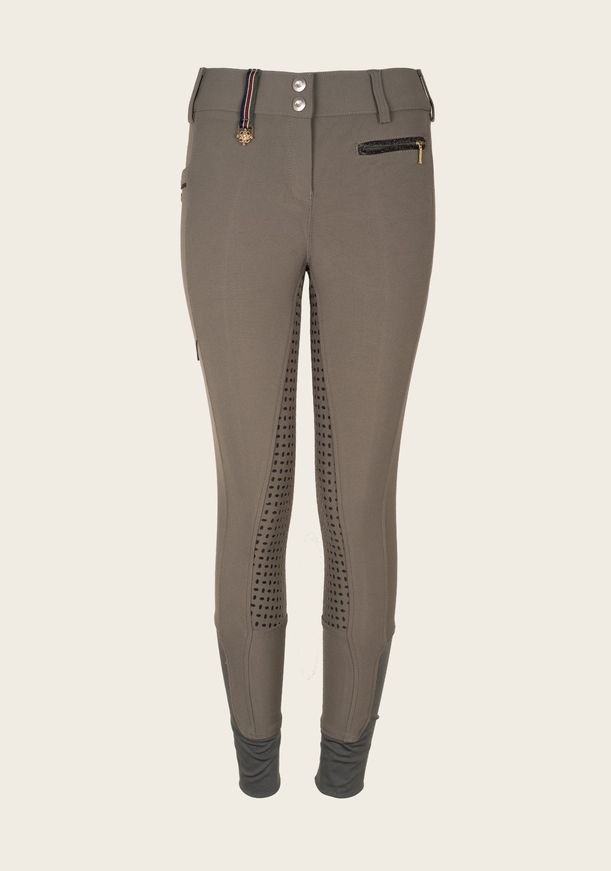 Front view of Espoir breech showing mid-to-low rise fit, glitter zip accents, and sleek silhouette.
