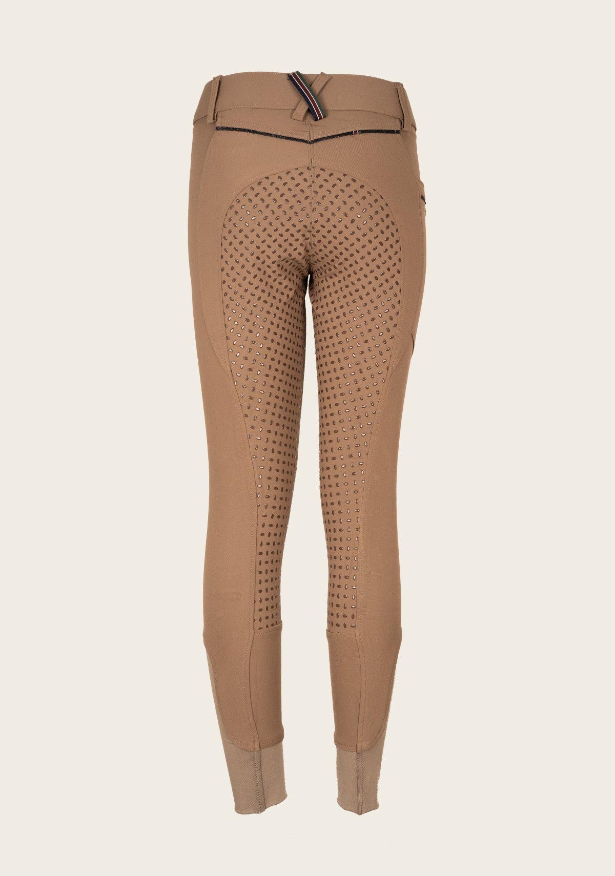 Back view of Espoir breech featuring signature crossed back belt loop in brand colors and contoured seam lines.