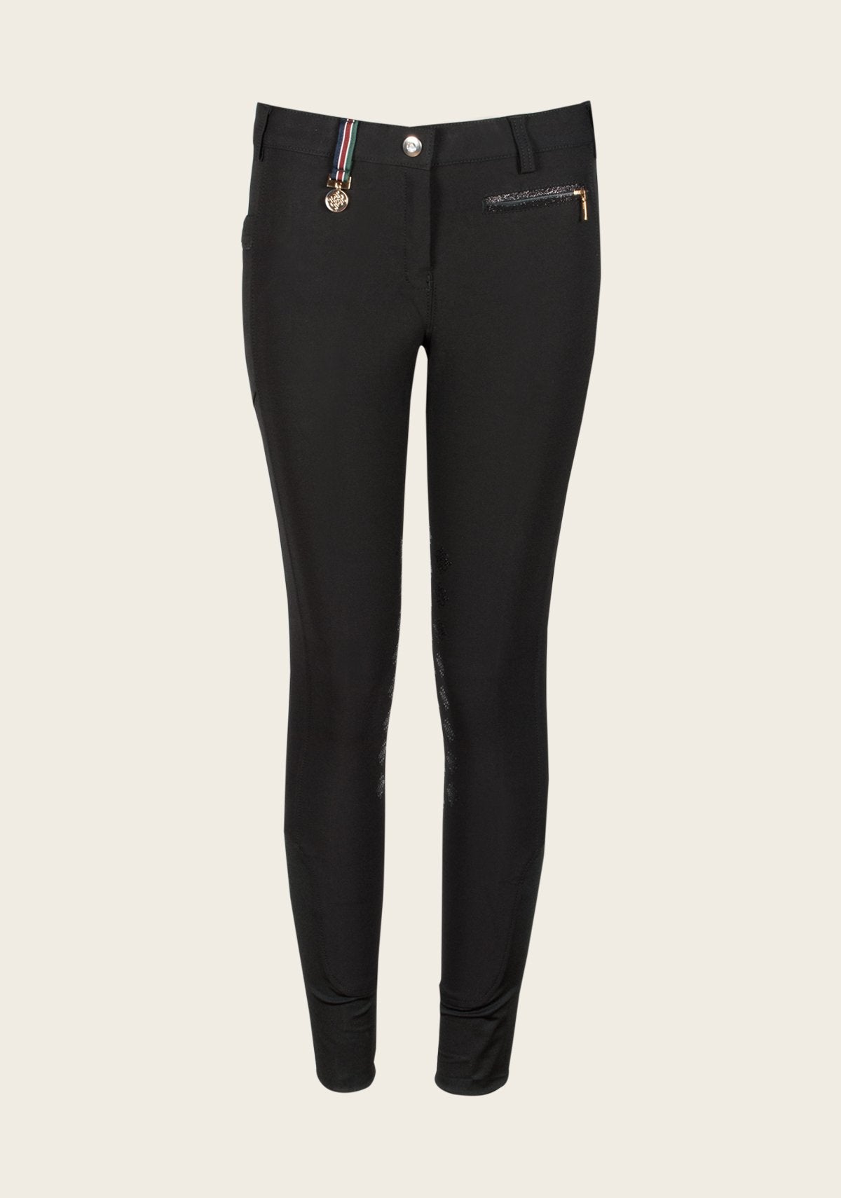 Front view of Espoir Breech with phone pocket, featuring mid-to-low rise fit, tone-on-tone glitter zip details, and slimming stitch lines for a flattering silhouette.