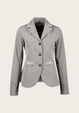 Front view of Espoir show jacket featuring custom gold buttons, princess-style seams, and breathable stretch fabric for a tailored equestrian fit.