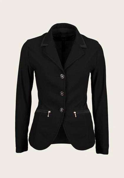 Front view of Espoir mesh show jacket featuring gold buttons, princess seams, and breathable technical fabric.