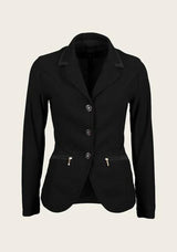 Front view of Espoir mesh show jacket featuring gold buttons, princess seams, and breathable technical fabric.