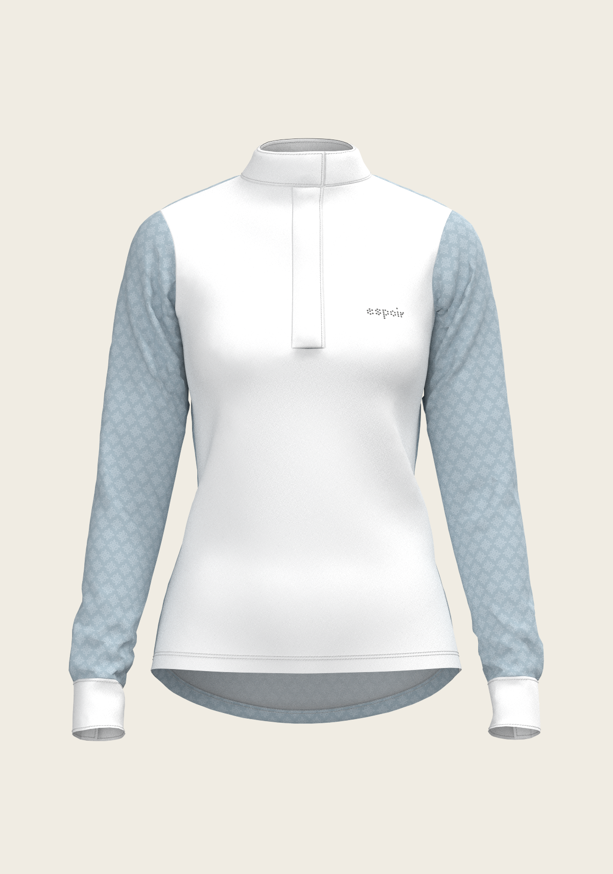 Front view of Espoir Full Circle equestrian shirt featuring structured collar, buttoned front panel, breathable UV-resistant fabric, and hand-illustrated design – South African craftsmanship.