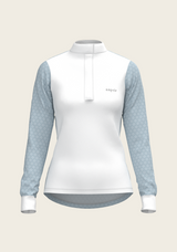 Front view of Espoir Full Circle equestrian shirt featuring structured collar, buttoned front panel, breathable UV-resistant fabric, and hand-illustrated design – South African craftsmanship.