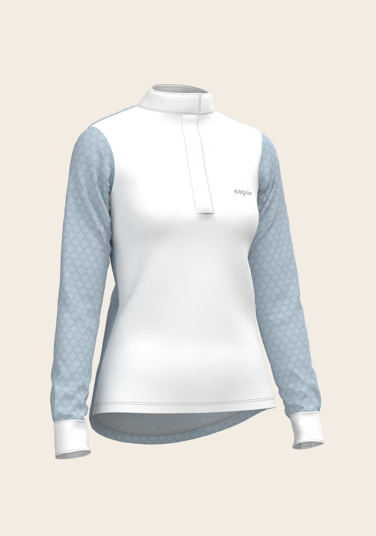 Side profile of Espoir Full Circle equestrian shirt showing contoured fit, technical stretch fabric, and elegant collar – designed for rider comfort and style.