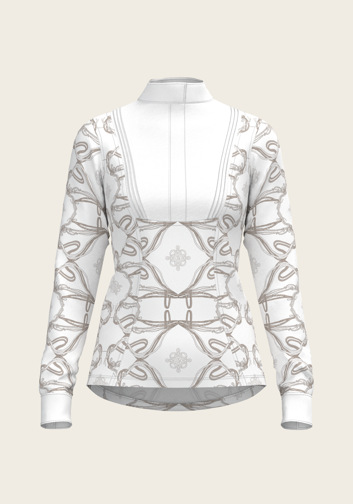 Front view of Espoir Full Circle show shirt featuring pleated detailing, structured collar, and tailored fit in breathable technical fabric.