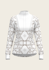 Front view of Espoir Full Circle show shirt featuring pleated detailing, structured collar, and tailored fit in breathable technical fabric.