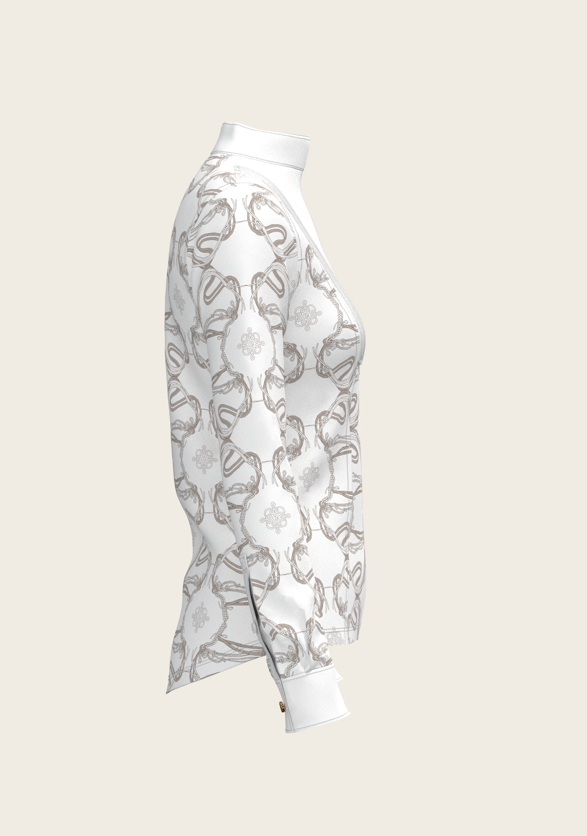 Side profile of Espoir Full Circle show shirt highlighting contoured seams, cuff with gold button detail, and breathable fabric.