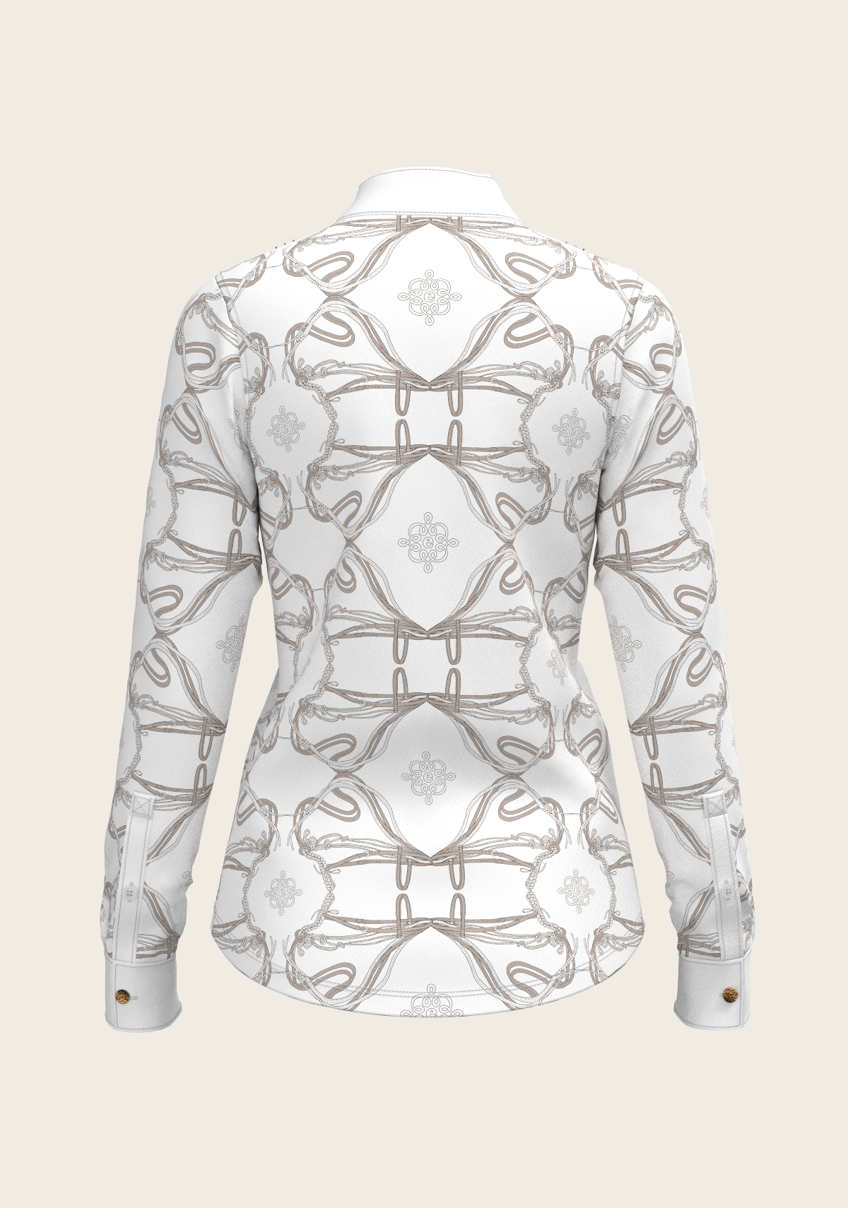 Back view of Espoir Full Circle show shirt showing smooth silhouette, hidden zip closure, and elegant pleat structure.