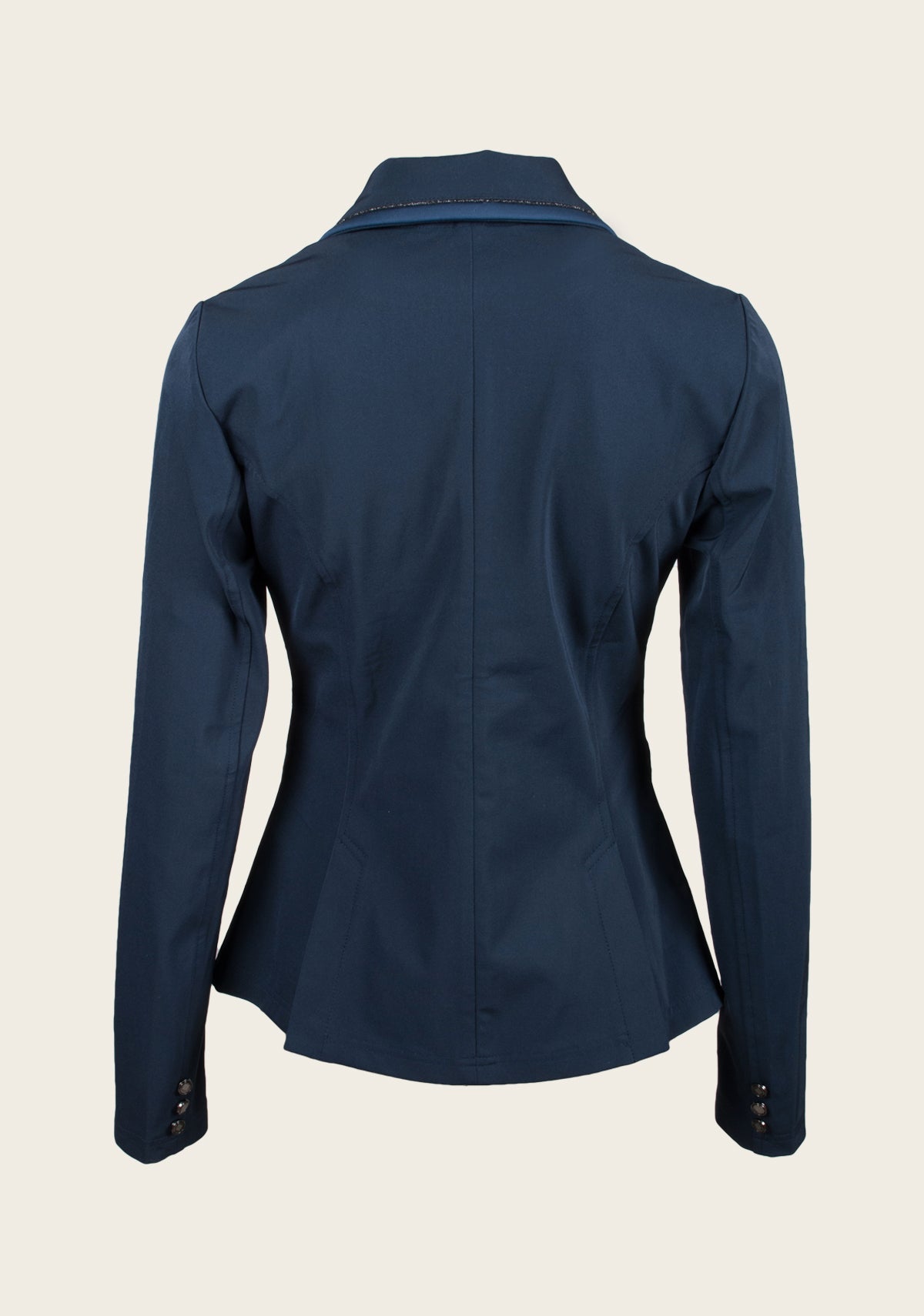 Back view of Espoir ultra-light show jacket showing tailored silhouette, vented mesh structure, and elegant seam lines.