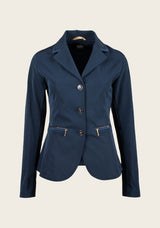 Front view of Espoir ultra-light show jacket featuring gold buttons, princess seams, and breathable Coolmax® fabric.