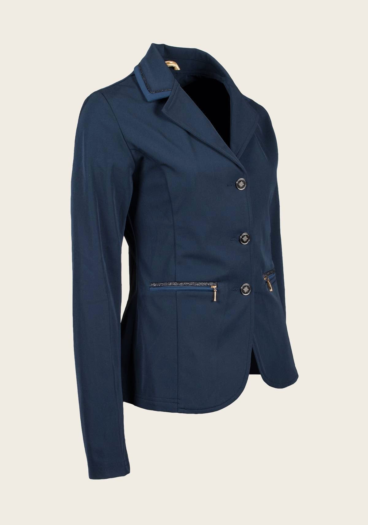 Side profile of Espoir show jacket highlighting contoured fit, lightweight stretch fabric, and tone-on-tone piping detail.