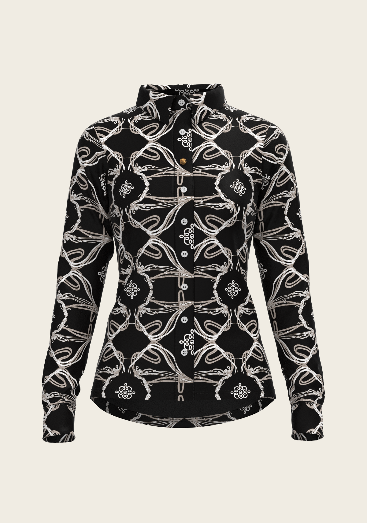 Espoir Full Circle equestrian shirt with structured collar, buttoned front panel, breathable UV-resistant fabric, and hand-illustrated print – proudly designed in South Africa.