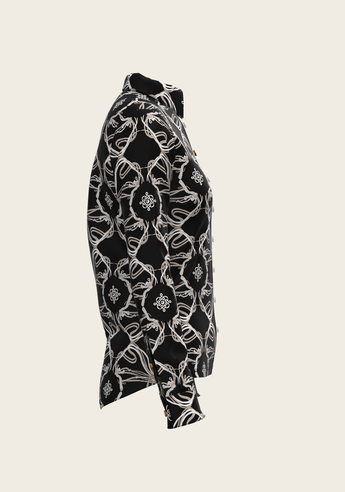 Side view of Espoir Full Circle equestrian shirt showing structured collar, contoured fit, and breathable UV-resistant fabric with hand-illustrated print – designed in South Africa.