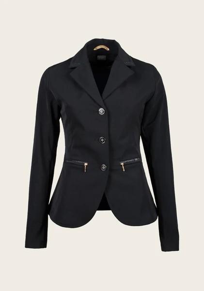 Front view of Espoir show jacket featuring fitted silhouette, custom gold buttons, and princess-style seams in breathable stretch fabric