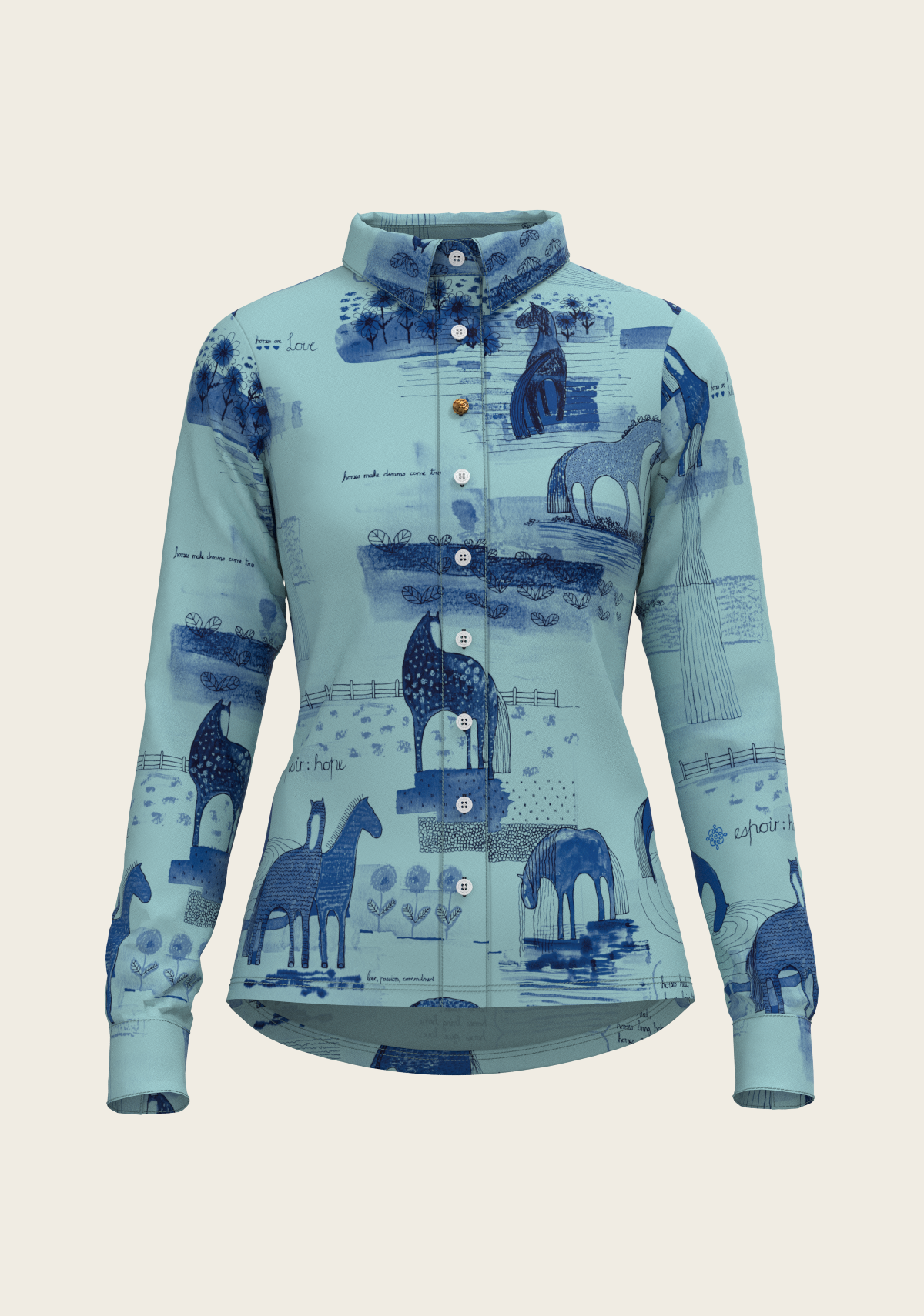 Front view of Espoir technical button shirt featuring gold collar button, hand-illustrated print, and structured athletic fit.