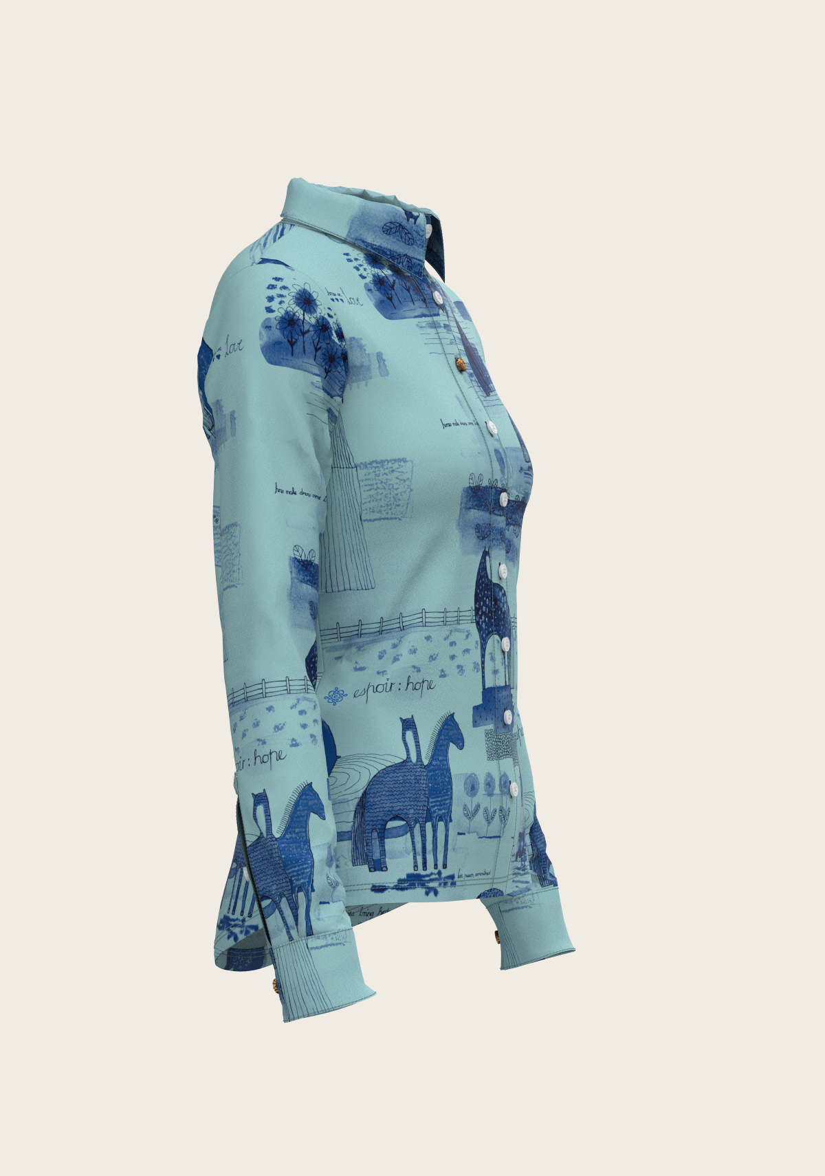 Side profile of Espoir button shirt showing contoured seams, cuff button detail, and breathable UV-protective fabric.