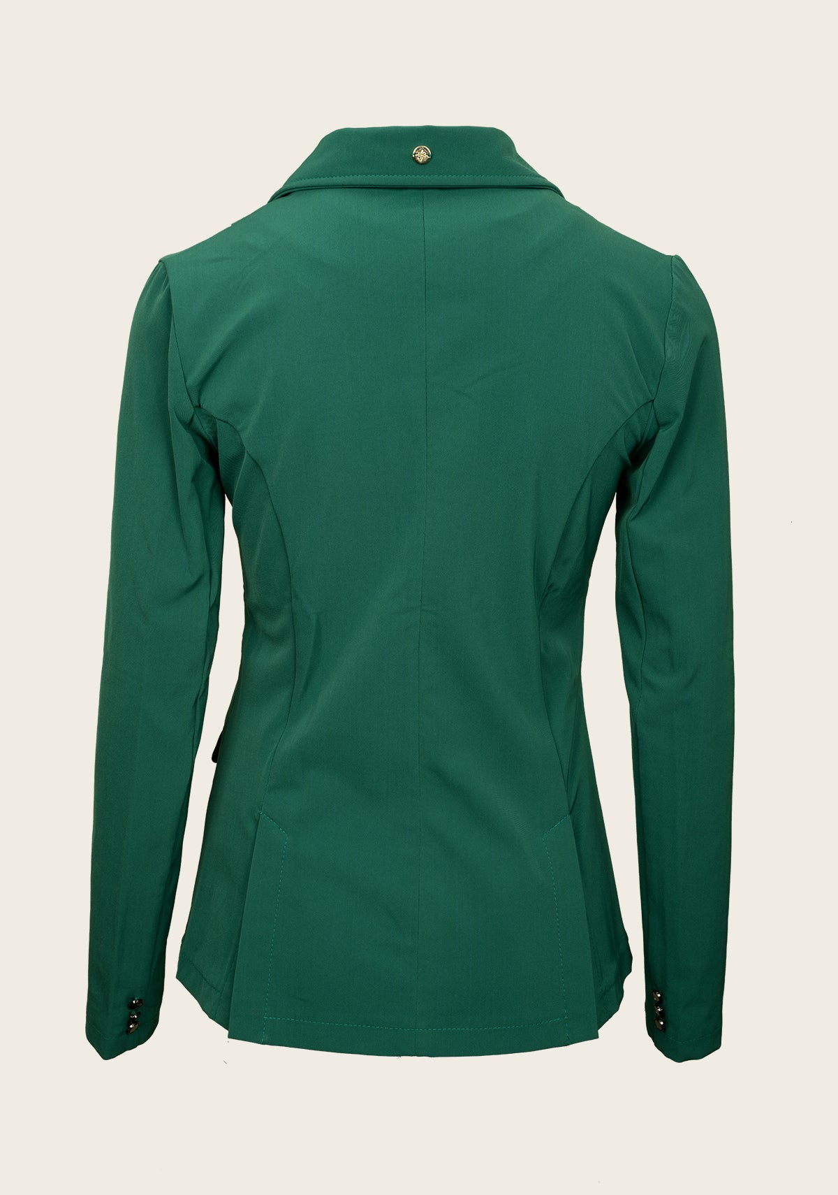 Back view of Espoir show jacket showing tailored structure, smooth seam lines, and elegant competition styling.