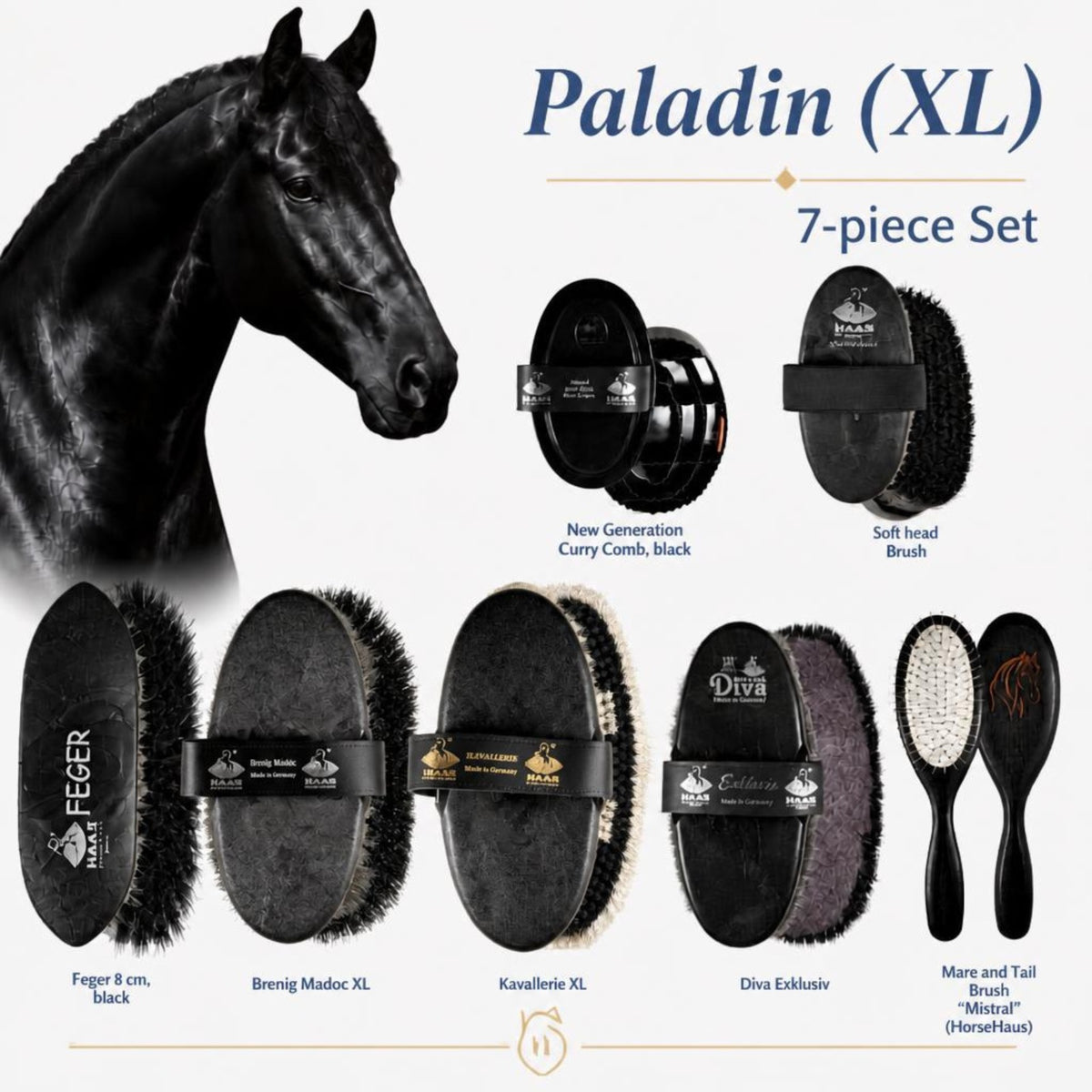 Grooming set by Haas, curated by HorseHaus, containing 7 horse brushes, including Feger, Kavallerie, Diva Exklusiv