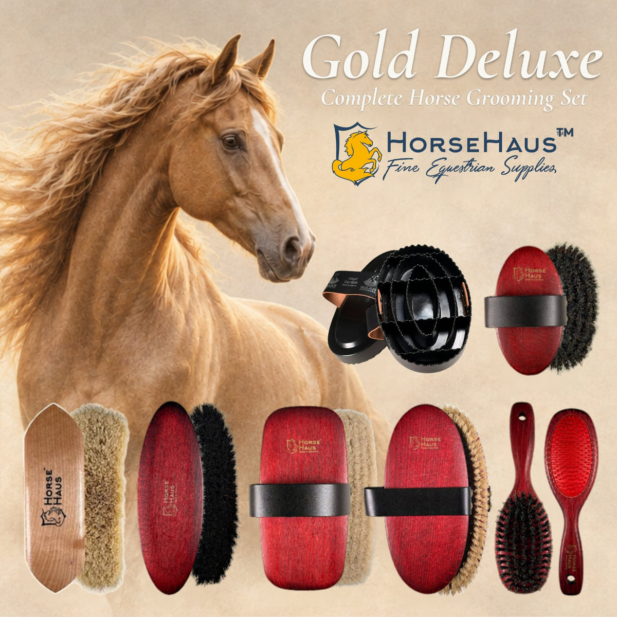 Horse grooming set displayed with a large tan horse in the background and the HorseHaus branding at the top. The set includes several brushes and a grooming mitt in red, black, beige, and wood tones on a light beige backdrop.