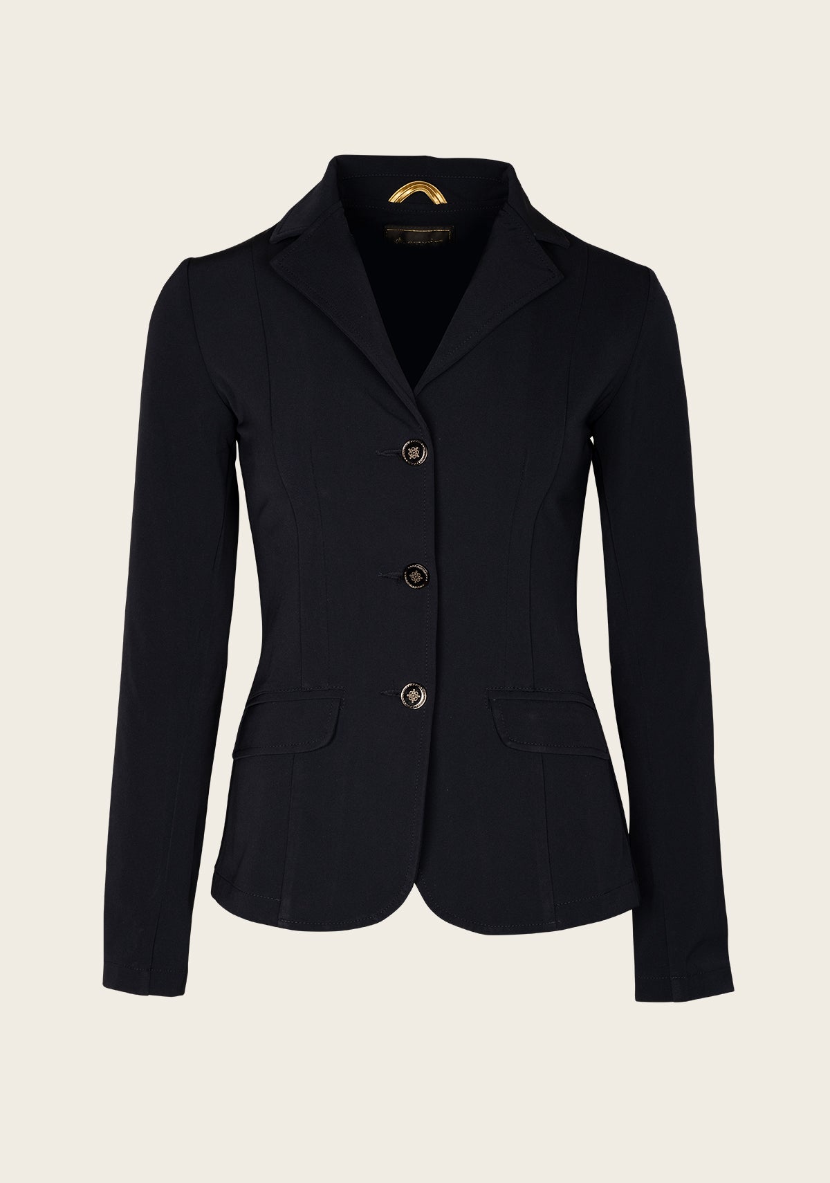 Front view of Espoir ultra-light show jacket featuring gold buttons, princess seams, and lightweight stretch fabric for warm-weather riding.