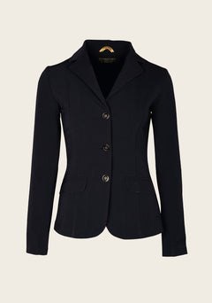 Front view of Espoir ultra-light show jacket featuring gold buttons, princess seams, and lightweight stretch fabric for warm-weather riding.
