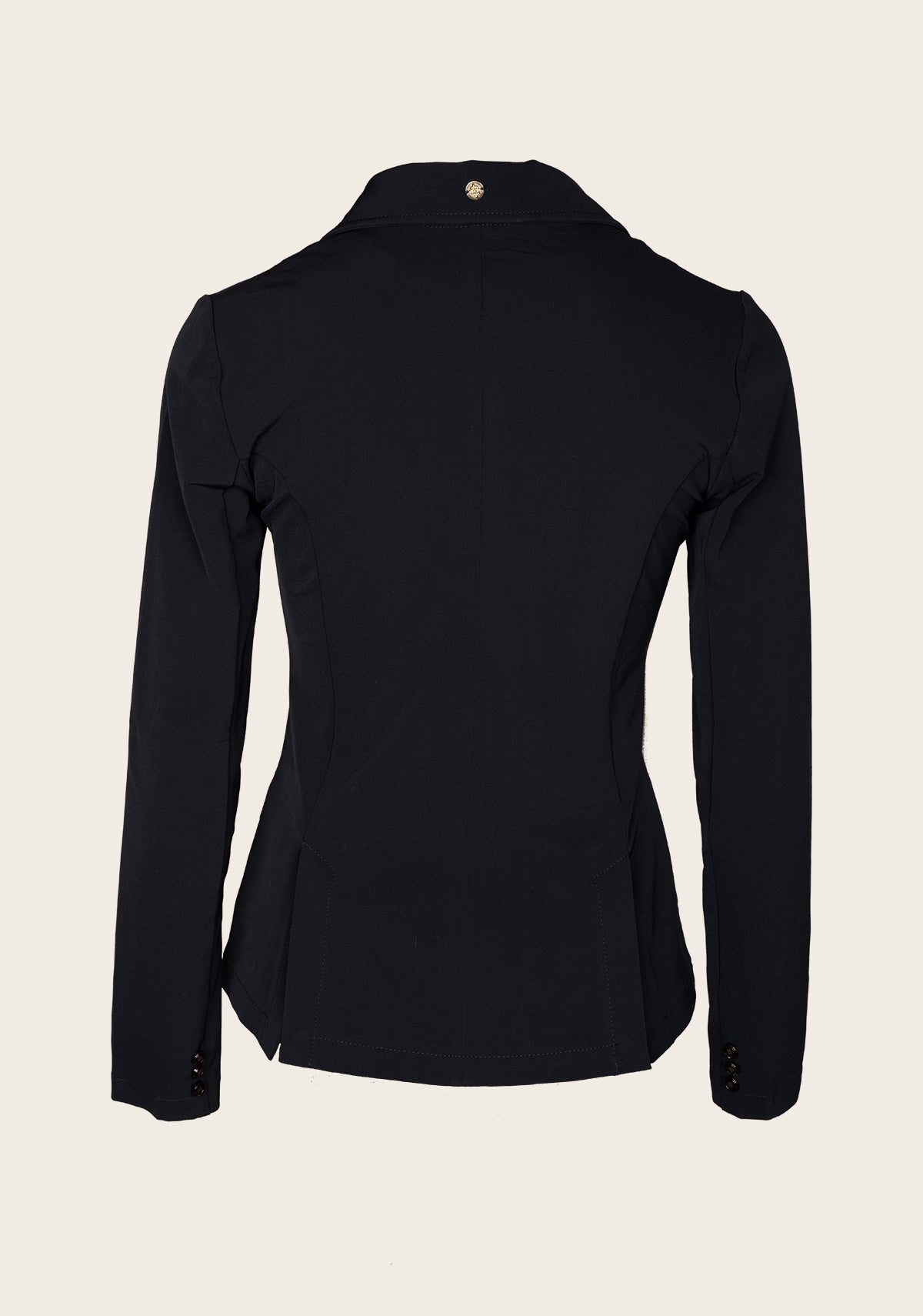 Back view of Espoir ultra-light show jacket showing tailored silhouette, smooth seam lines, and competition-ready styling.