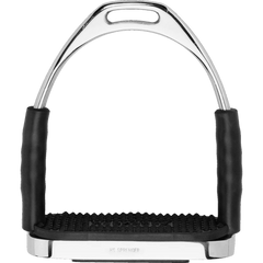 Herm Sprenger System-4 stirrup, stainless steel with black pad, shown in front-facing profil