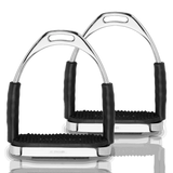 Pair of Herm Sprenger System-4 stirrups, stainless steel with black pads, side-by-side view