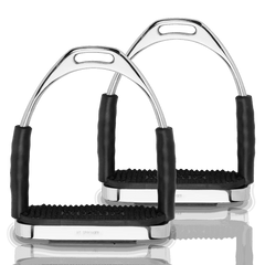 Pair of Herm Sprenger System-4 stirrups, stainless steel with black pads, side-by-side view