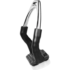 Herm Sprenger System-4 stirrup, stainless steel with black pad, shown in twisted position to highlight flexibilit