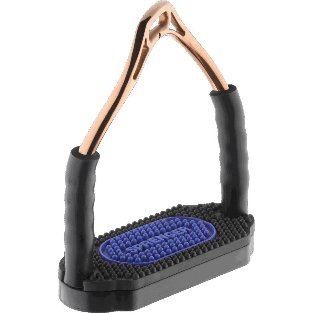 HS Bow Balance Stirrups, Stainless Steel/Bronze — With Black/Blue Pad, 4¾