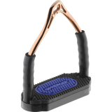 HS Bow Balance Stirrups, Stainless Steel/Bronze — With Black/Blue Pad, 4¾"