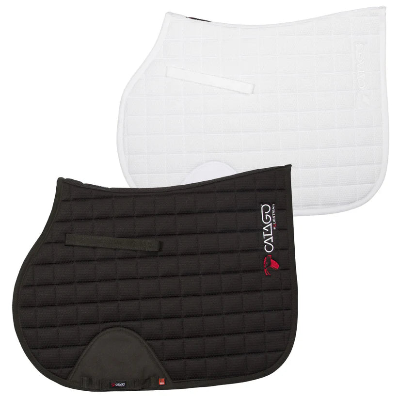 Black or white Catago® FIR-Tech All Purpose Saddle Pad with ceramic-infused lining and anatomical shape for horse comfort and everyday riding
