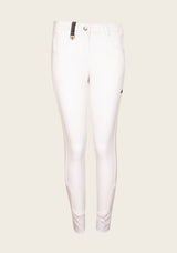Front view of Espoir Bamboo Breech in tan, featuring mid-to-low rise fit, moisture-wicking bamboo fabric, and soft sock bottom for seamless comfort under riding boots