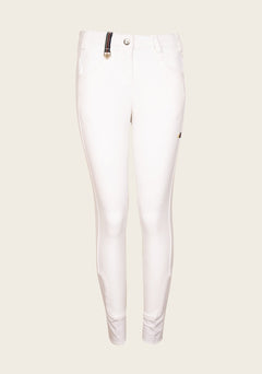 Front view of Espoir Bamboo Breech in tan, featuring mid-to-low rise fit, moisture-wicking bamboo fabric, and soft sock bottom for seamless comfort under riding boots