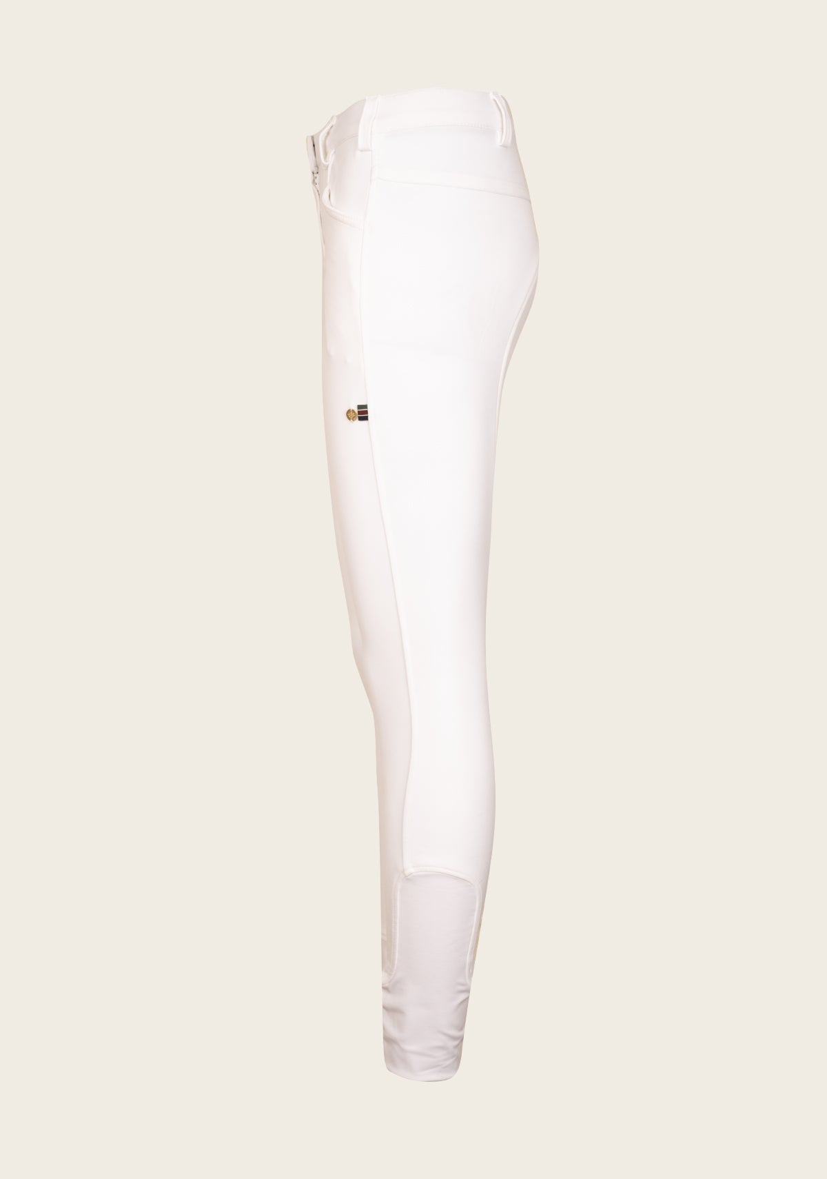 Side profile of Espoir Bamboo Breech highlighting breathable bamboo stretch fabric, ergonomic seam lines, and secure sock bottom for pressure-free fit.