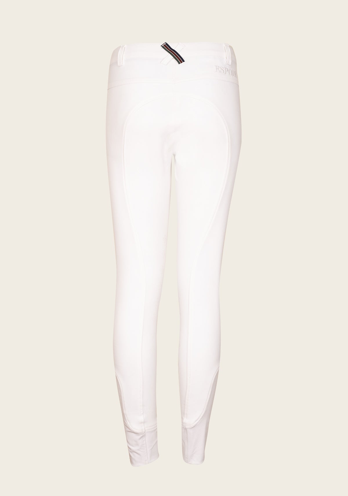Back view of Espoir Bamboo Breech showing custom golden fittings, signature crossed back belt loop in Espoir colors, and contoured fit for elegant rider silhouette