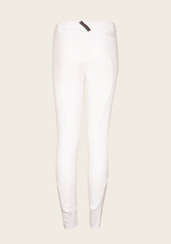 Back view of Espoir Bamboo Breech showing custom golden fittings, signature crossed back belt loop in Espoir colors, and contoured fit for elegant rider silhouette